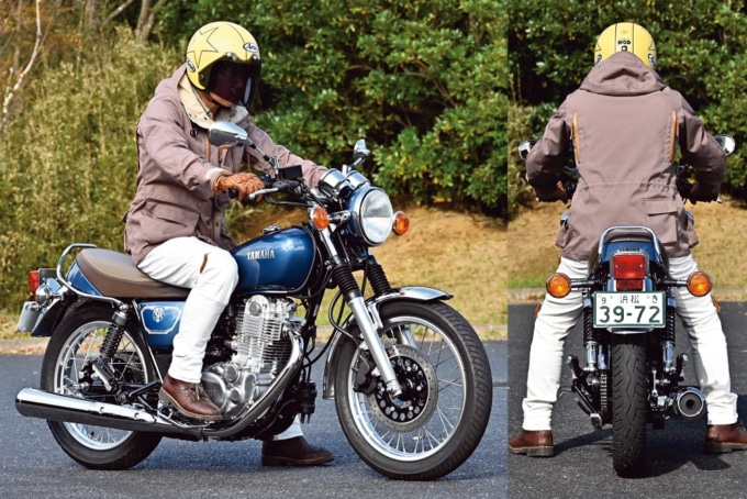 ヤマハSR400の足つき状況。試乗インプレッションライダーは172cmの谷田貝 洋暁