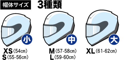 ARAI VECTOR-Xの帽体サイズは3種類