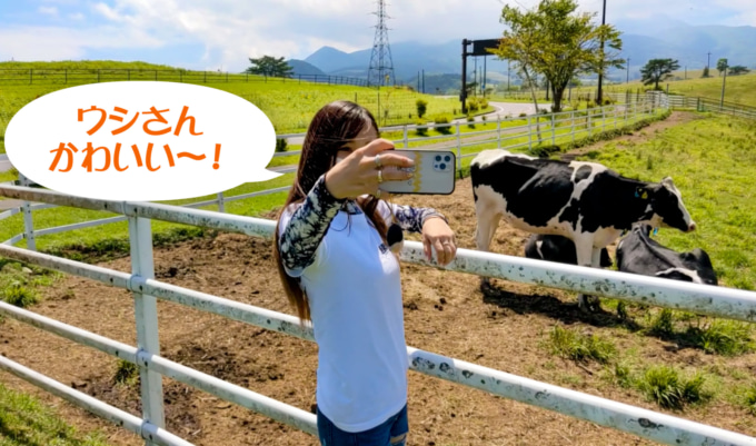 絶景ハンターに挑戦！ 大笹牧場の牛と記念撮影をするゆじゅぱん