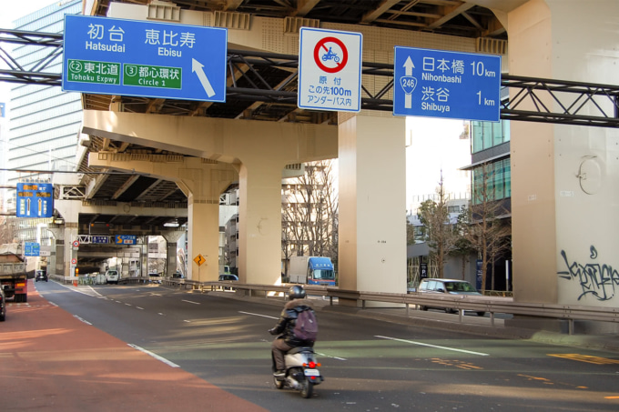 原付アンダーパス内通行禁止の道路標識がある道路