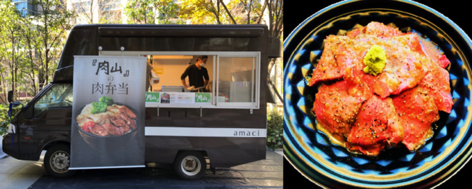 ローストビーフ丼と肉寿司で行列ができる肉山のキッチンカーの様子