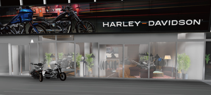 六本木ヒルズに期間限定オープンしたHARLEY-DAVIDSON Caféの外観と展示バイク。ブレイクアウトやローライダーSTなど新型ハーレーモデルも展示。

