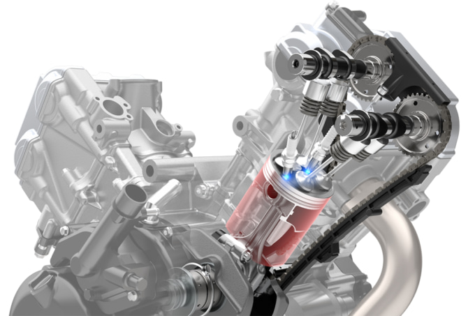 SV-7GXのV型2気筒エンジン構造図。スポーツと快適性を融合したクロスオーバー・コンセプトを象徴。