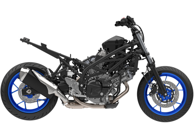 新設計トレリスフレームを採用したSV-7GXのシャシー構造。軽量で足つき性に優れた設計。